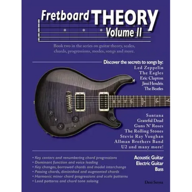 Fretboard Theory Volume II: Book two in the series on guitar theory, scales, chords, progressions, modes, songs, and more.