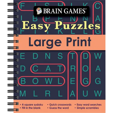 Brain Games - Easy Puzzles - Large Print: 4-Square Sudoku, Quick Crosswords, Easy Word Searches, Fill in the Blank, Guess the Word, Simple Scrambles,