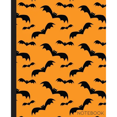 Notebook: Bat Composition Notebook with Orange and Black Halloween Theme- 7.5 x 9.25-110 Pages-Wide-Ruled- Perfect Gift for Hall