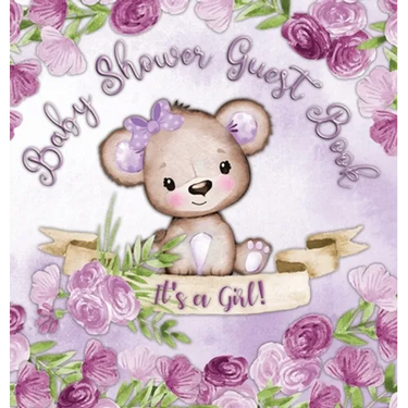 It's a Girl! Baby Shower Guest Book: Whimsical Teddy Bear Square Hardcover Guest Book for Girls, Purple Floral Theme - Sign-In, Wishes for Baby & Phot
