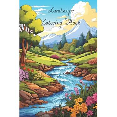 Lanscape Coloring Book for Adults with fields, mountains, ocean, flowers, forests and cozy houses
