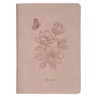 Christian Art Gifts Inspirational Zippered Journal, Be Still Wide Ruled Notebook, Psalm 46:10 Bible Verse, Pink Vegan Leather, 336 Lined Pages W/Scrip