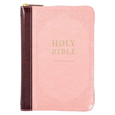 KJV Holy Bible, Compact Faux Leather Red Letter Edition - Ribbon Marker, King James Version, Pink/Burgundy, Zipper Closure