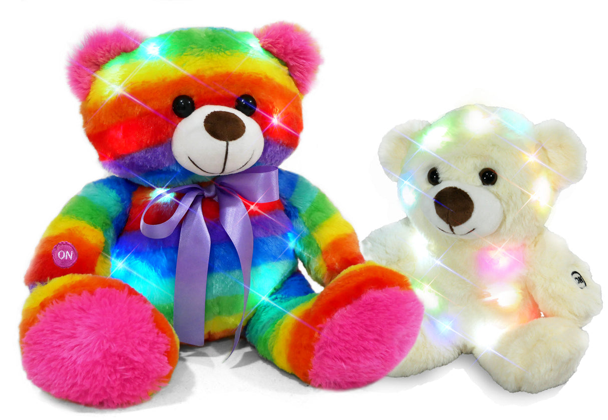 Rainbow Lites Teddy Bear Night Light Plush LED Light Up Stuffed Animal (2 Bear Set, 16 inch and 12 inch, Batteries Included) by The Noodley