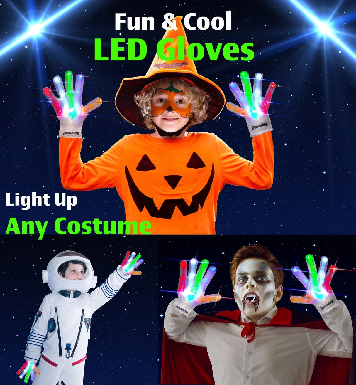 LED Gloves for Kids Teens Cool Toys Boy Girl Gift Ideas Halloween - Kid Sized (White) by The Noodley - Vysn