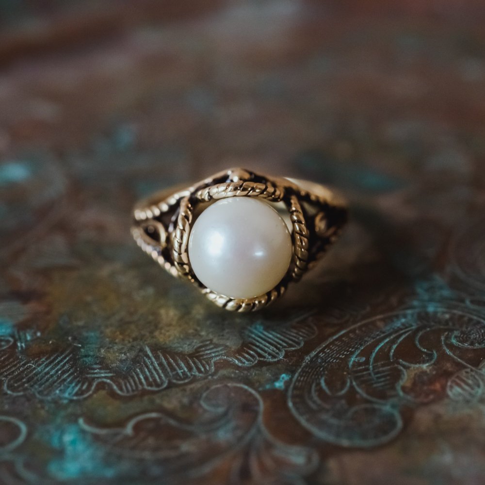 Vintage 1970's Pearl Bead Ring Antiqued 18k Gold Electroplated Made in USA by PVD Vintage Jewelry