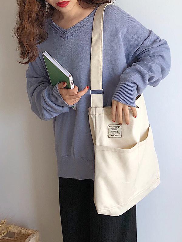 Simple Solid Color With-pockets Canvas Handbag by migunica