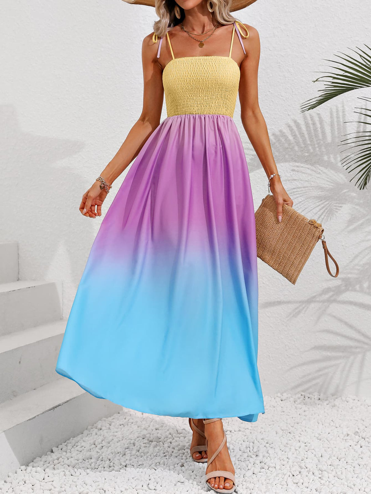 Color Block Tie Shoulder Smocked Maxi Dress by Faz