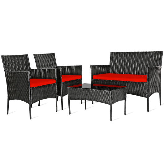 4 Pcs Patio Rattan Cushioned Sofa Furniture Set with Tempered Glass Coffee Table-Red