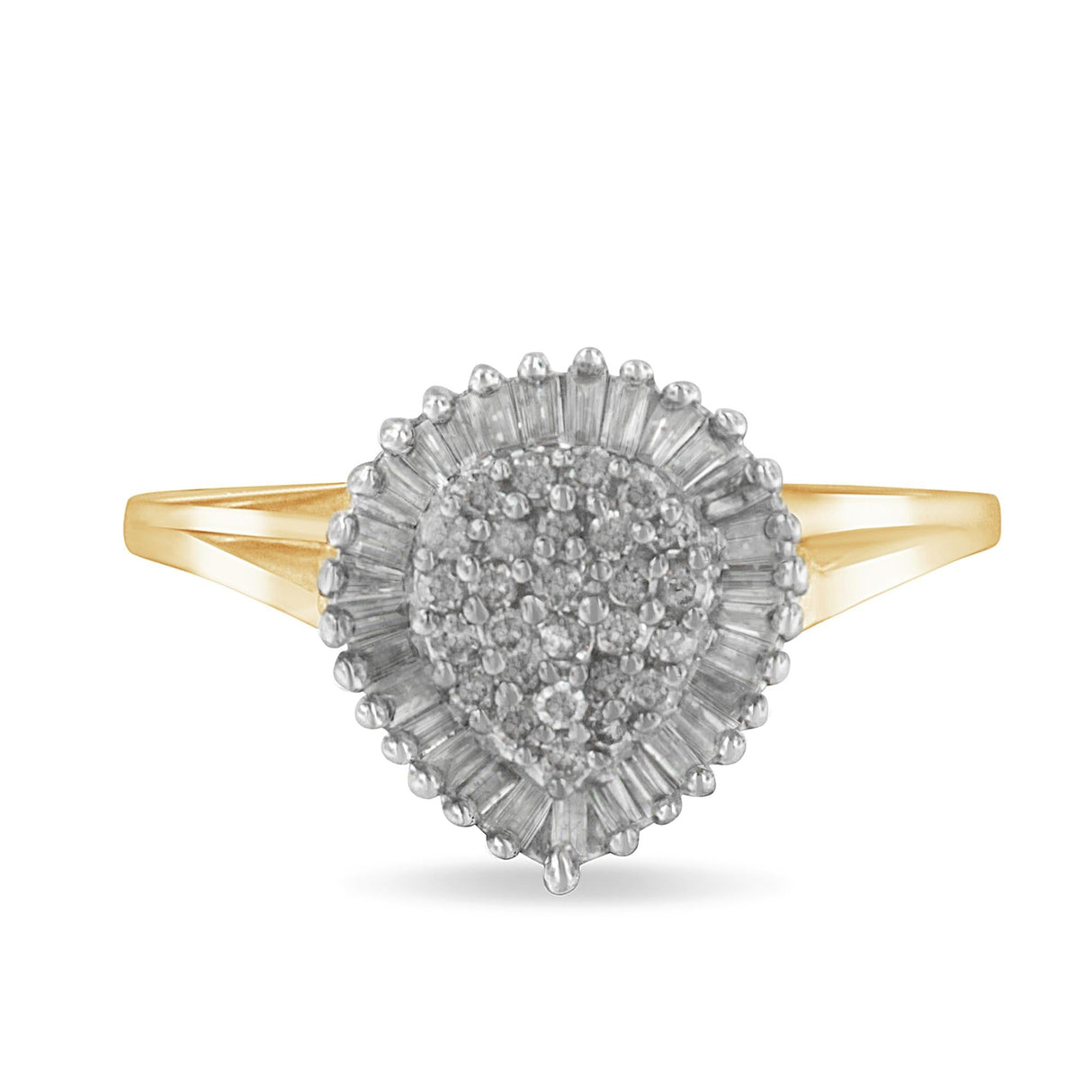 10K Yellow Gold 1/2 Cttw Round & Baguette Cut Diamond Pear Shaped Domed Pavé Cluster with Halo Cocktail Ring (J-K Color, I1-I2 Clarity) by Haus of Brilliance