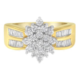 10K Yellow Gold 1.0 Cttw Round & Baguette Cut Diamond Floral Cluster Double-Channel Flared Band Statement Ring (H-I Color, SI2-I1 Clarity) by Haus of Brilliance