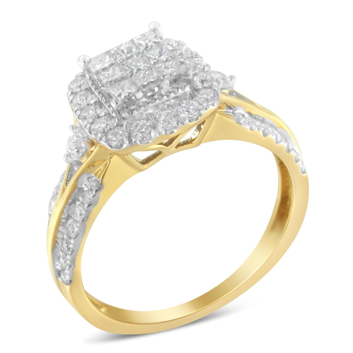 10K Yellow Gold 1.0 Cttw Diamond Composite Cushion-Shape Halo 3-Band-Look Engagement Ring (H-I Color, SI1-SI2 Clarity) by Haus of Brilliance