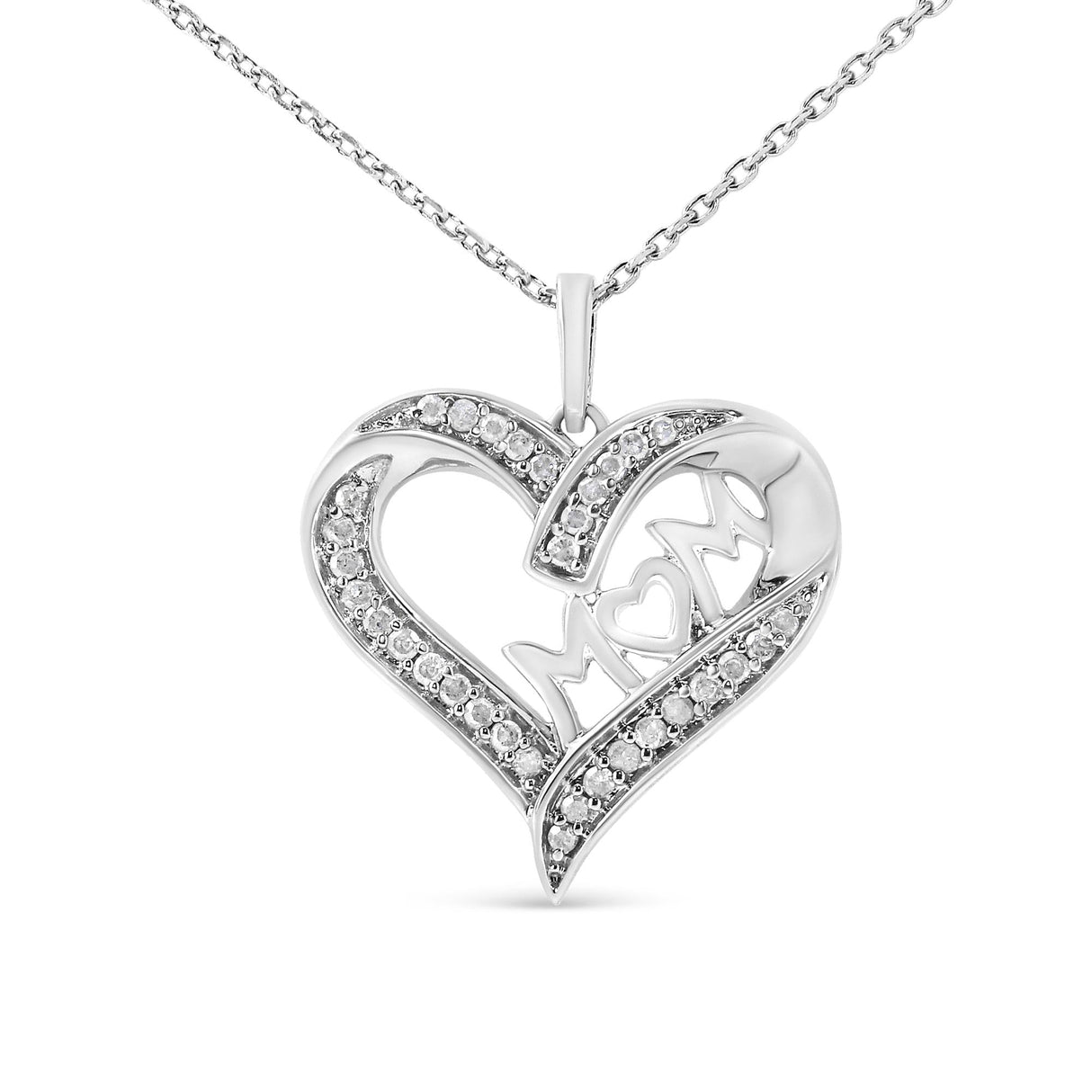 .925 Sterling Silver 1/4 cttw Diamond Engraved "Mom" in Heart Pendant Necklace (I-J Color, I3 Clarity) by Infinite Jewels