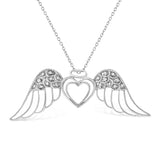 .925 Sterling Silver Pave-Set Diamond Accent Angel Wing 18" Double Heart Pendant Necklace (I-J Color, I1-I2 Clarity) by Infinite Jewels