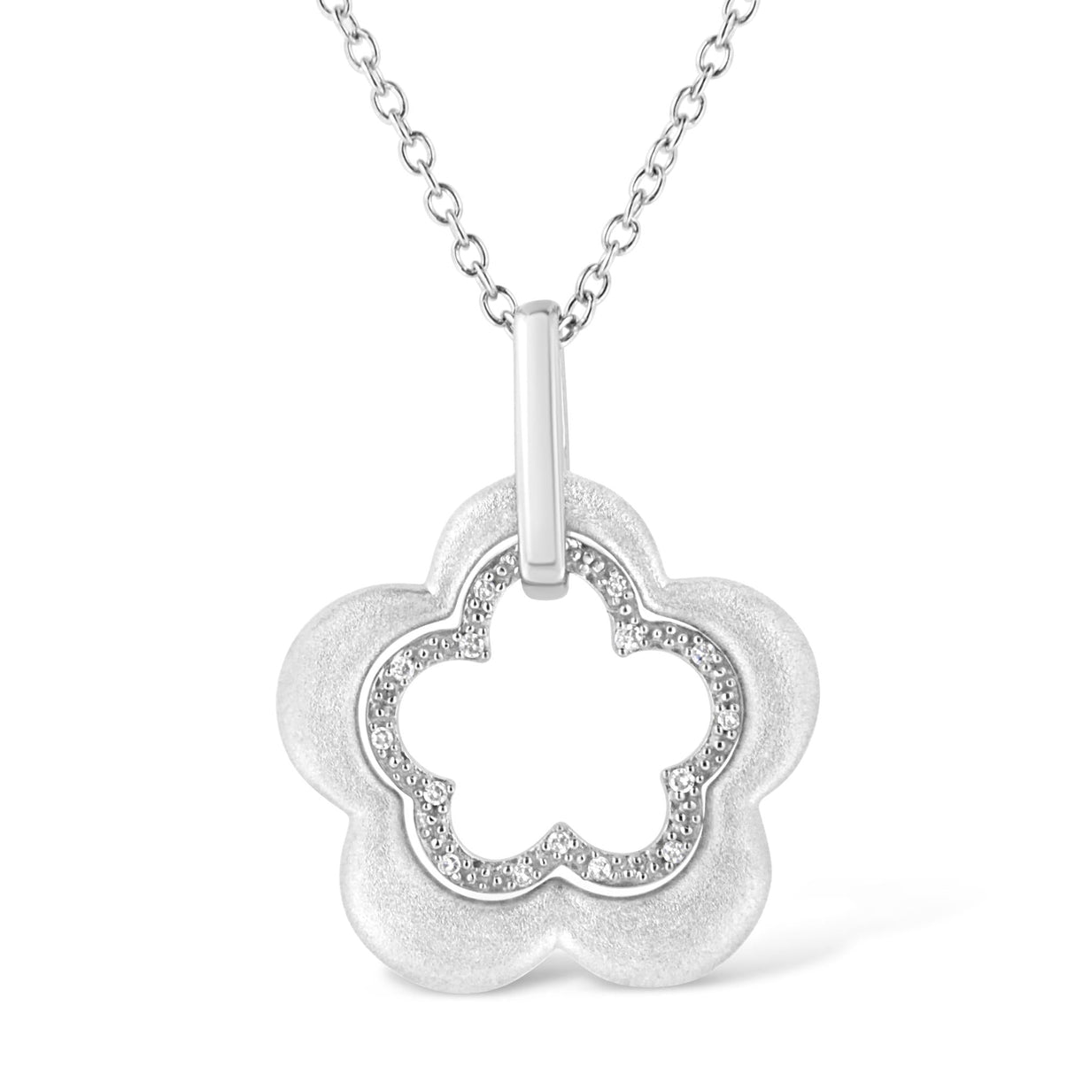 Matte Finished .925 Sterling Silver Diamond Accent Double Flower Shape 18" Satin Finished Pendant Necklace (I-J Color, I1-I2 Clarity) by Infinite Jewels