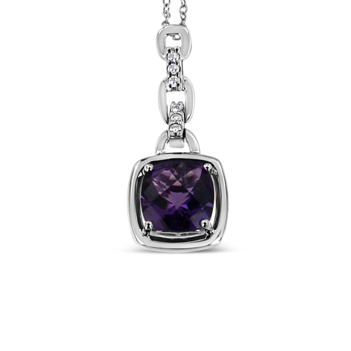 .925 Sterling Silver 6x6MM Cushion Shaped Natural Purple Amethyst and Diamond Accented Bale 18" Inch Pendant Necklace (I-J Color, I1-I2 Clarity) by Infinite Jewels