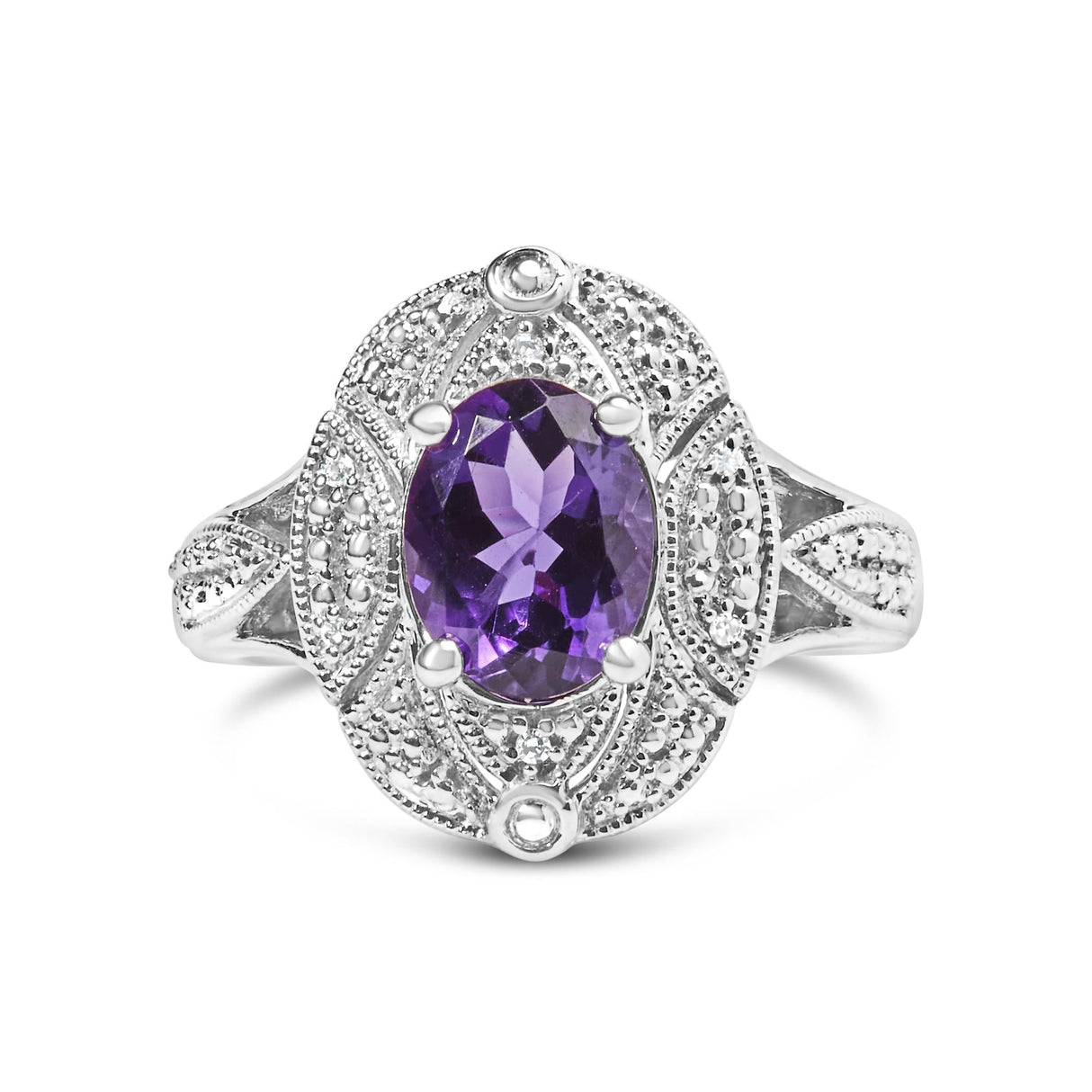 .925 Sterling Silver 9x7mm Oval Purple Amethyst and Round Diamond Accent Fashion Cocktail Ring (I-J Color, I1-I2 Clarity) by Infinite Jewels