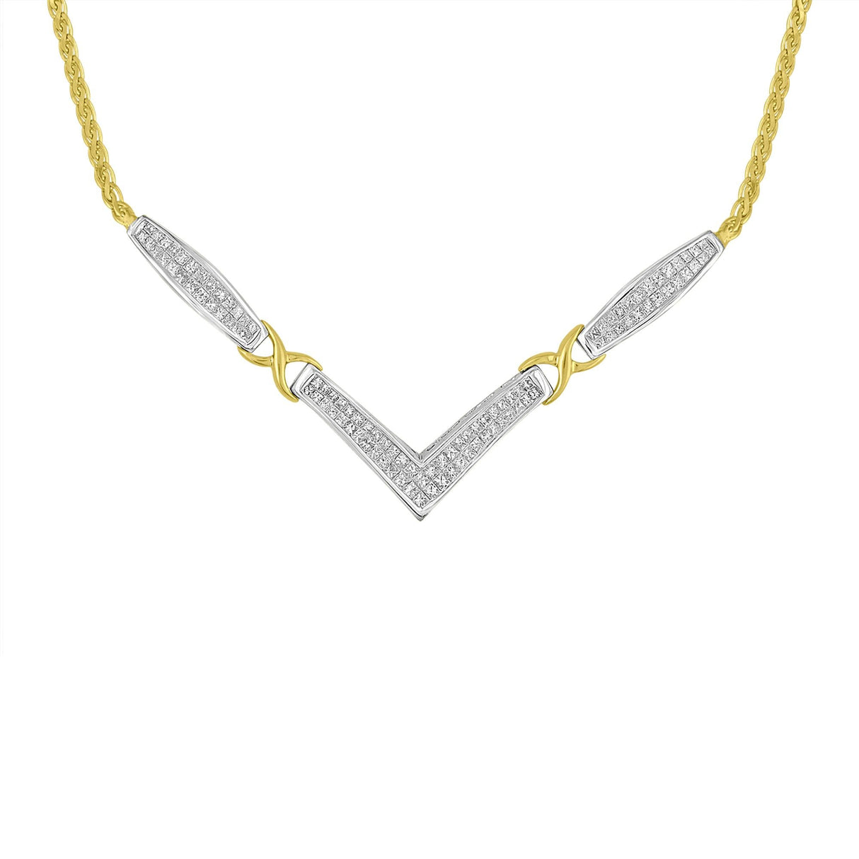 14K Yellow and White Gold 2.0 Cttw Princess Cut Diamond Flared and X-Station V Shaped 18” Franco Chain Statement Necklace (H-I Color, SI2-I1 Clarity) by Infinite Jewels