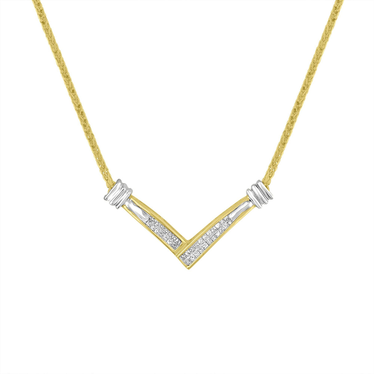 14K Yellow and White Gold 1/4 Cttw Princess Cut Diamond Channel-Set “V” Shape 18" Pendant Necklace (H-I Color, SI2-I1 Clarity) by Infinite Jewels