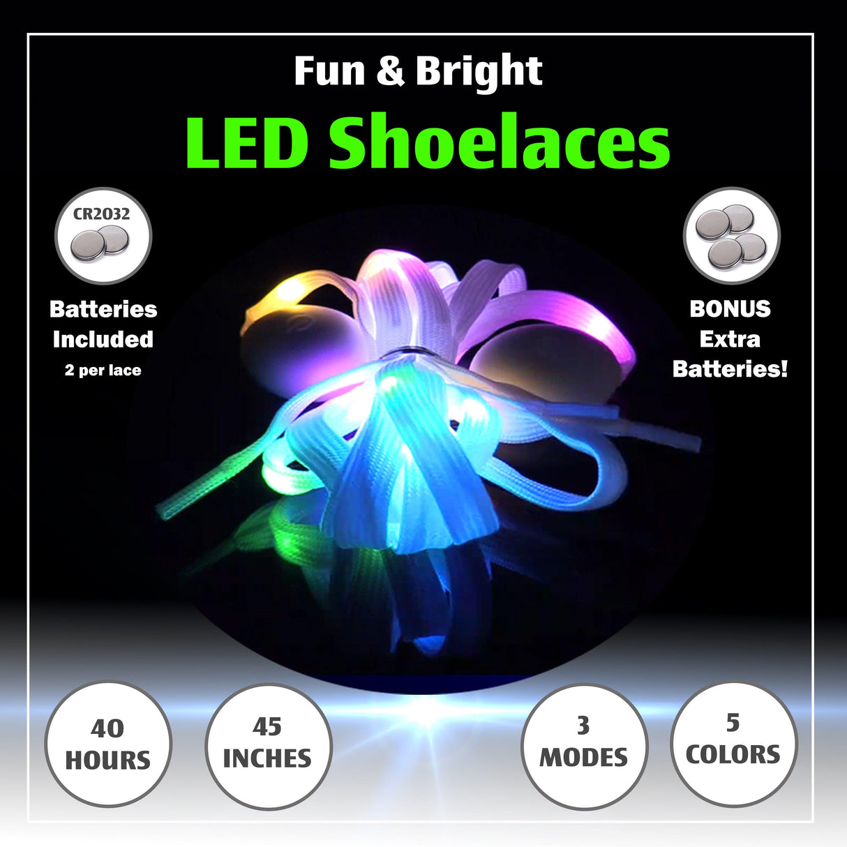 5 Color LED Light Up Shoe Laces Flashing Glow in the Dark White Tie Shoelaces for Sneakers, Skates, 45 inch by The Noodley - Vysn