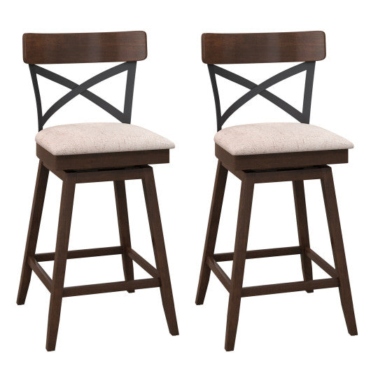 Set of 2 Wooden Swivel Bar Stools with Cushioned Seat and Open X Back-25 Inch