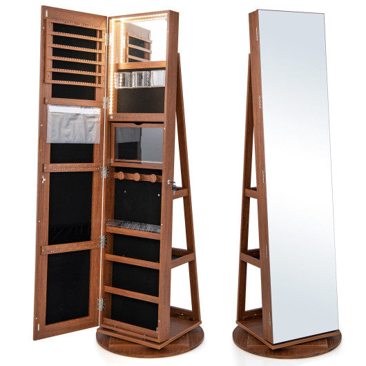 360° Rotating Mirrored Jewelry Cabinet Armoire 3 Color LED Modes Lockable-Dark Brown