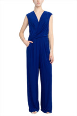 Emma & Michele V-Neck Cap Sleeve Draped Ruched Solid Keyhole Back ITY Jumpsuit with Pockets by Curated Brands