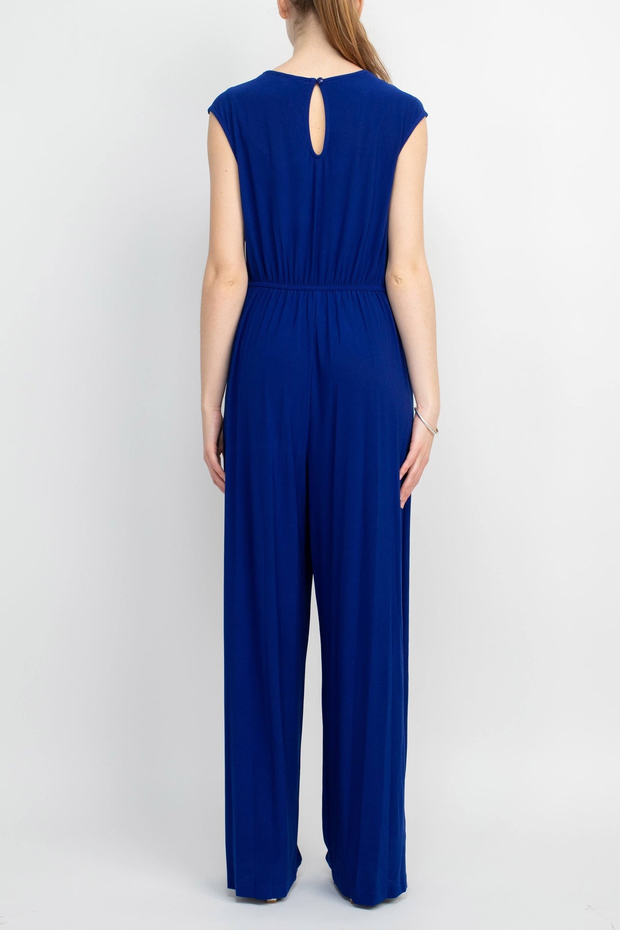 Emma & Michele V-Neck Cap Sleeve Draped Ruched Solid Keyhole Back ITY Jumpsuit with Pockets by Curated Brands