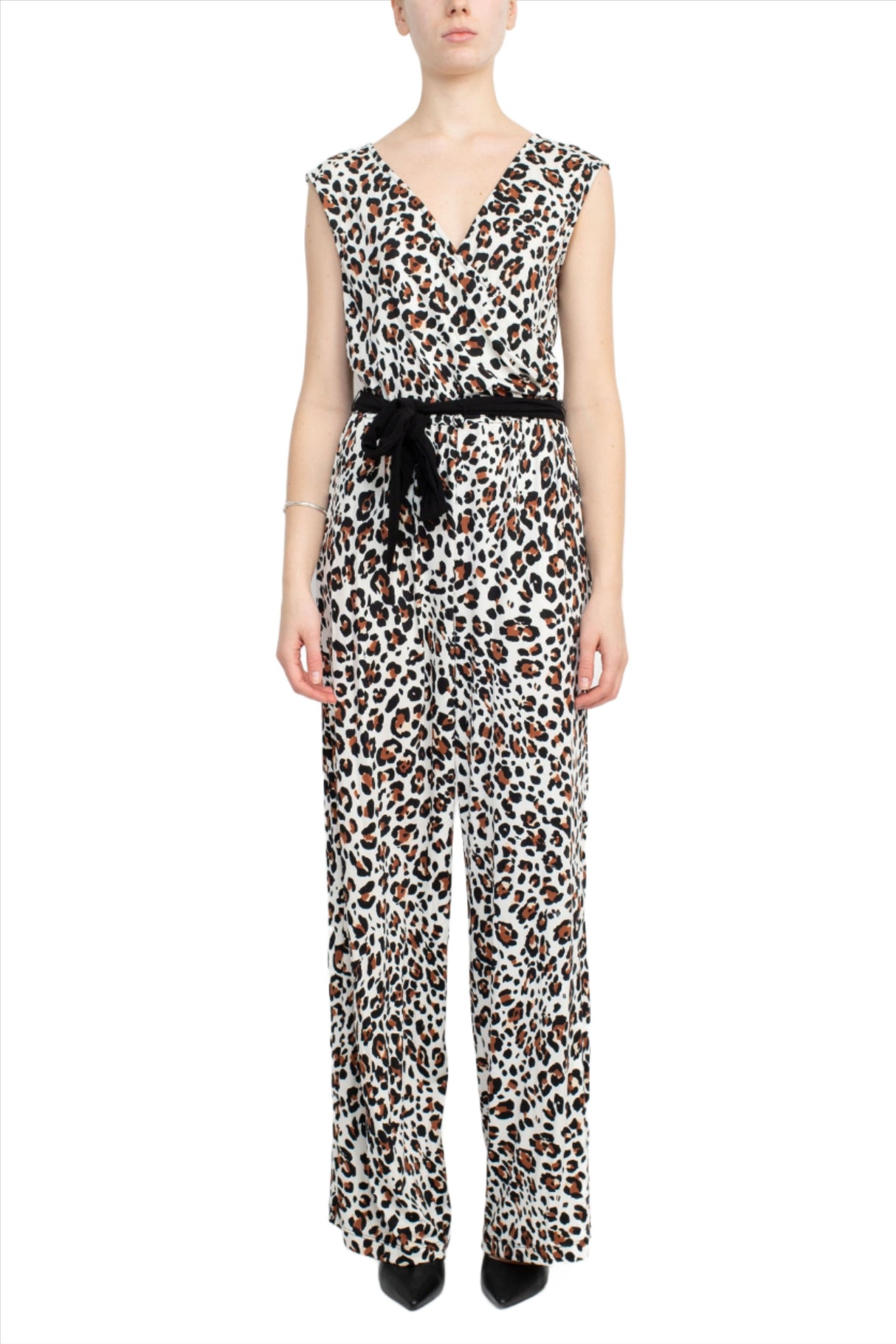 Emma & Michele V-Neck Elastic Waist Sleeveless Tie Waist Animal Print ITY Jumpsuit by Curated Brands