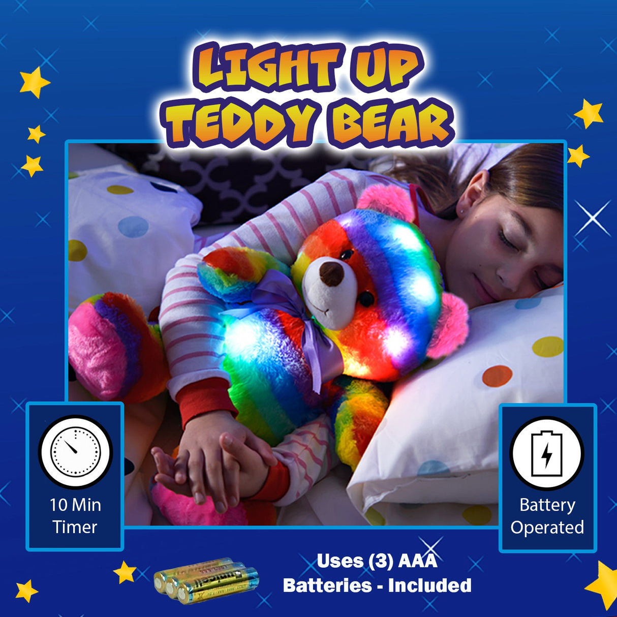 Rainbow Lites Teddy Bear Glow Plush LED Night Light Up Stuffed Animal (16 inch, Batteries Included) by The Noodley