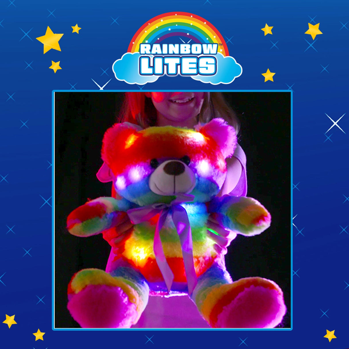 Rainbow Lites Teddy Bear Glow Plush LED Night Light Up Stuffed Animal (16 inch, Batteries Included) by The Noodley