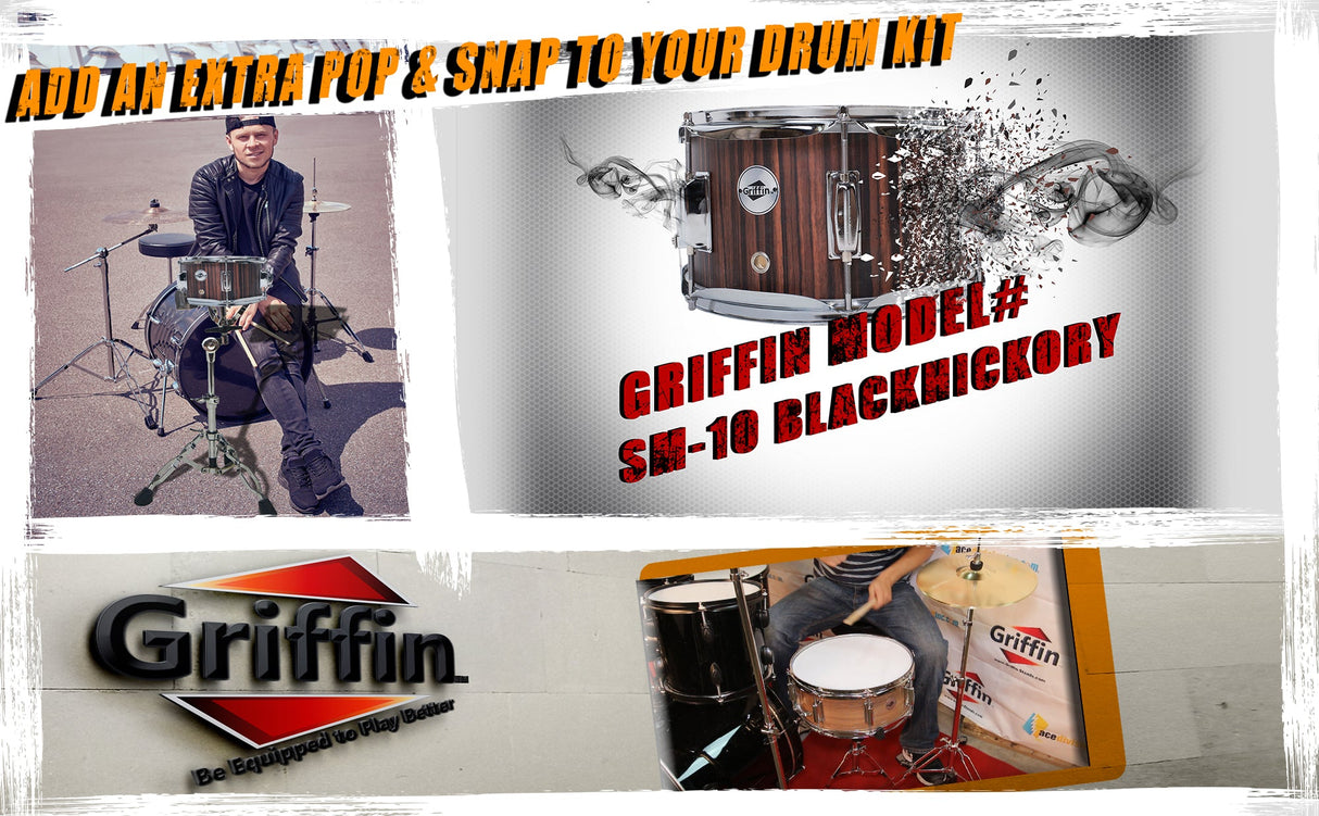 GRIFFIN Firecracker Snare Drum - Acoustic Popcorn 10" x 6" Poplar Mini Wood Shell & Black Hickory PVC - Concert Marching Percussion Musical Instrument by GeekStands.com