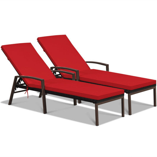 2 Pieces Patio Rattan Adjustable Back Lounge Chair with Armrest and Removable Cushions-Red