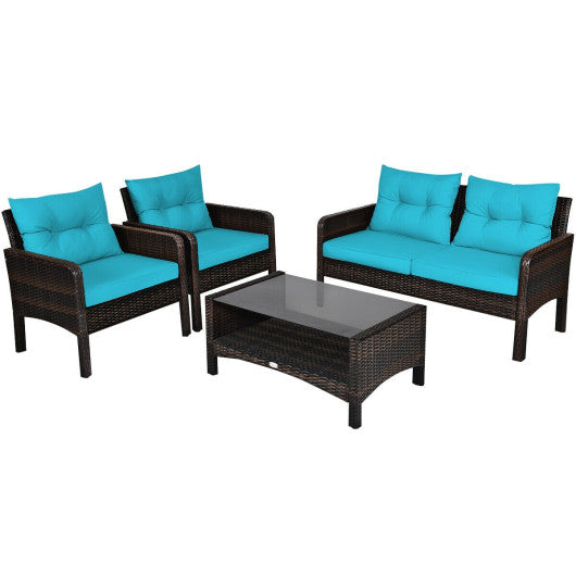 4 Pieces Outdoor Rattan Wicker Loveseat Furniture Set with Cushions-Turquoise