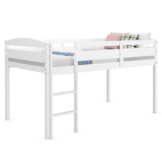 Wooden Twin Low Loft Bunk Bed with Guard Rail and Ladder-White