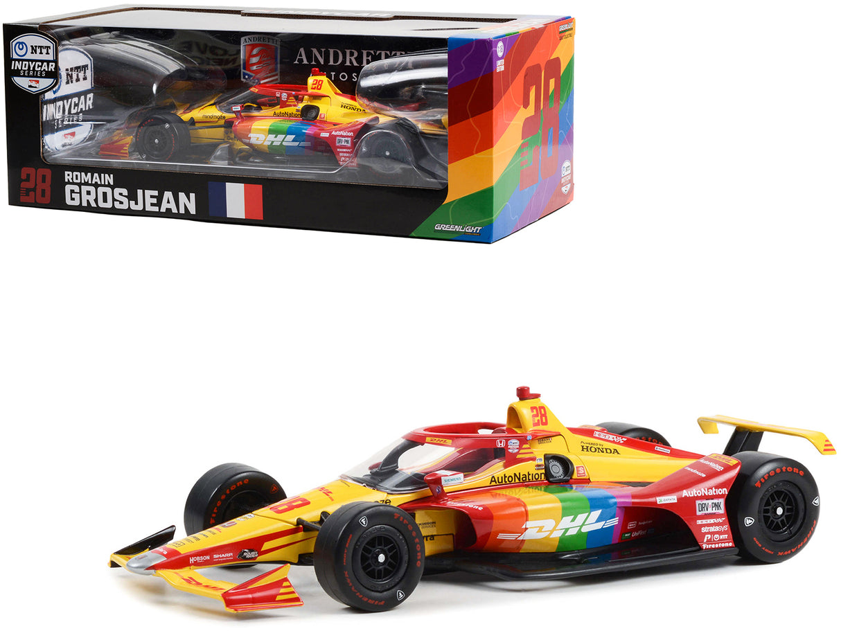 Dallara IndyCar #28 Romain Grosjean "DHL Delivered with Pride" Andretti Autosport "NTT IndyCar Series" (2022) 1/18 Diecast Model Car by Greenlight