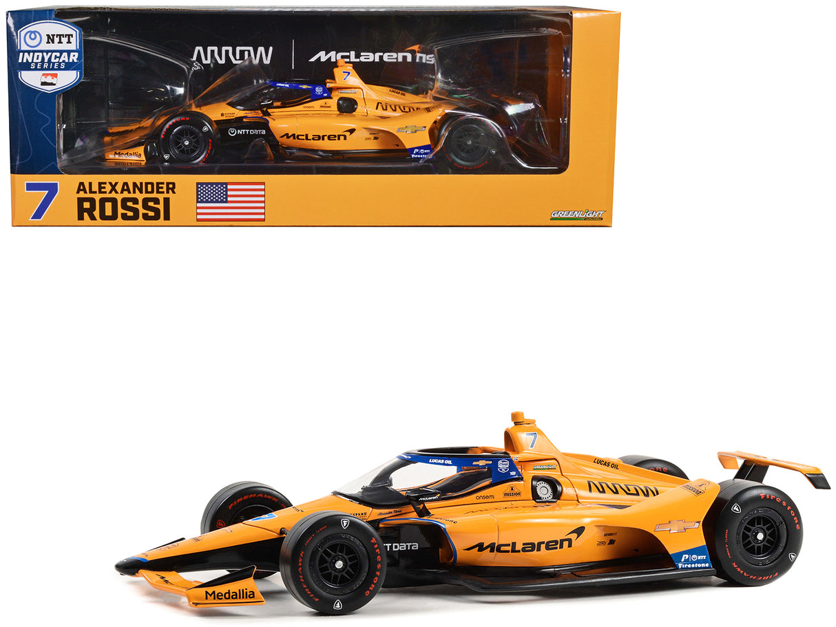 Dallara IndyCar #7 Alexander Rossi "McLaren" Arrow McLaren "60th Anniversary Triple Crown Accolade Indianapolis 500 Livery" "NTT IndyCar Series" (2023) 1/18 Diecast Model Car by Greenlight