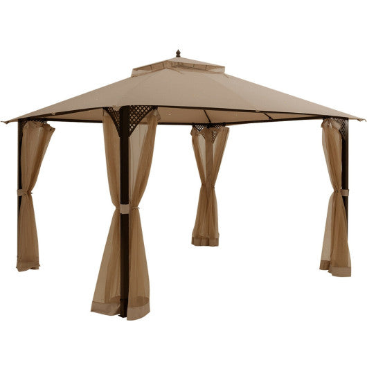 12 x 10 Feet Outdoor Double Top Patio Gazebo with Netting-Brown