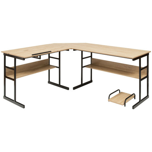 L-Shaped Computer Desk with Tiltable Tabletop-Natural