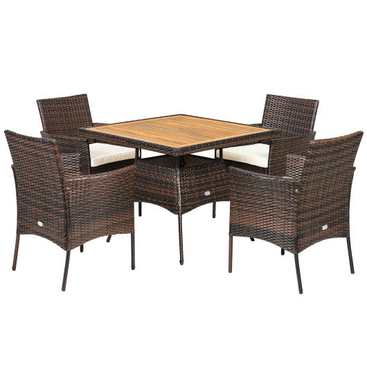 5 Pieces Patio Rattan Dining Furniture Set with Arm Chair and Wooden Table Top