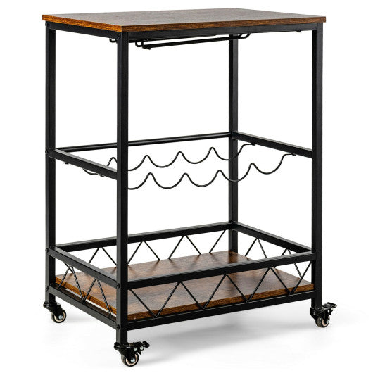 Kitchen Bar Cart Serving Trolley on Wheels with Wine Rack Glass Holder-Rustic Brown