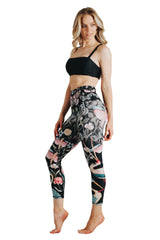 Pretty In Black Printed Yoga Crops by Yoga Democracy