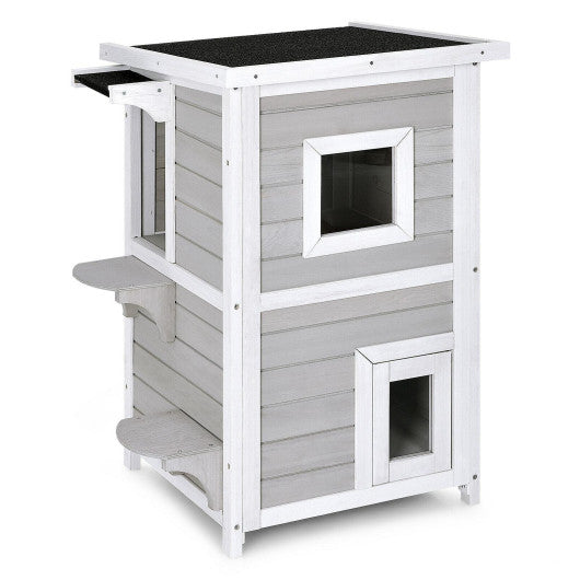 2-Story Wooden Cat House with Escape Door Rainproof