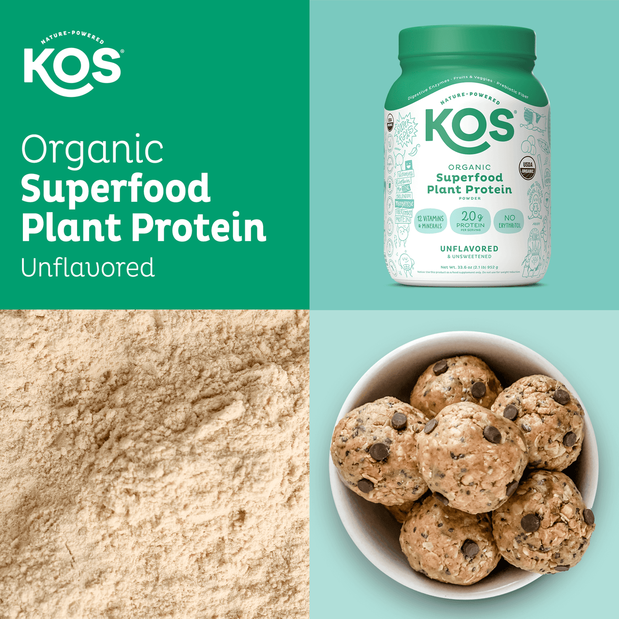 KOS Organic Plant Protein, Unflavored & Unsweetened, 28 Servings by KOS.com