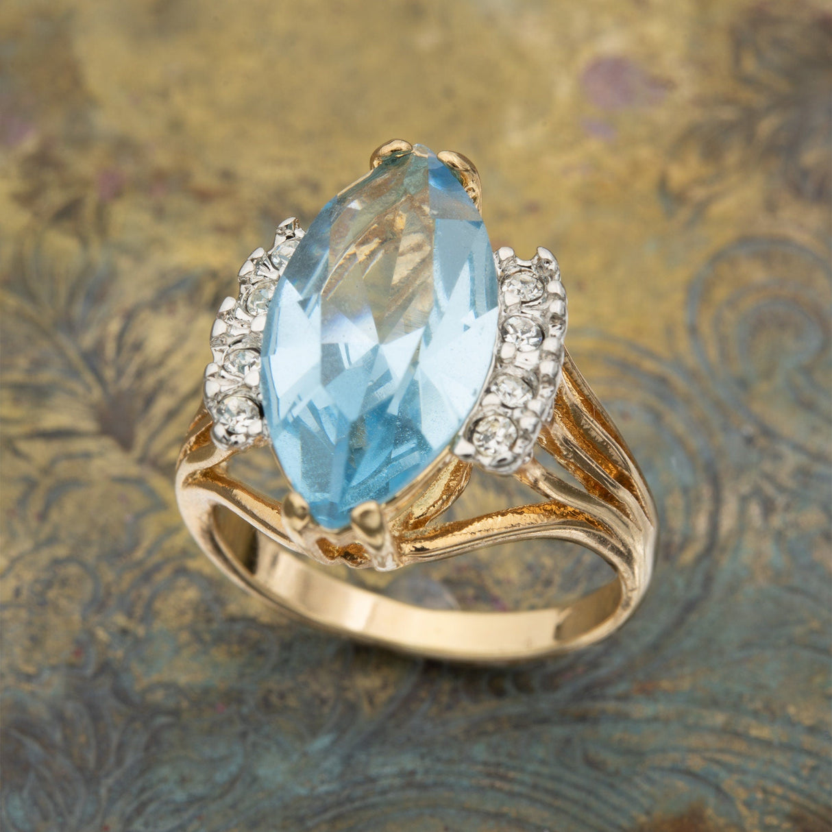 Vintage Ring Aquamarine Marquise Crystal 18k Gold Antique Womans Jewelry Handmade Rings by PVD Vintage Jewelry