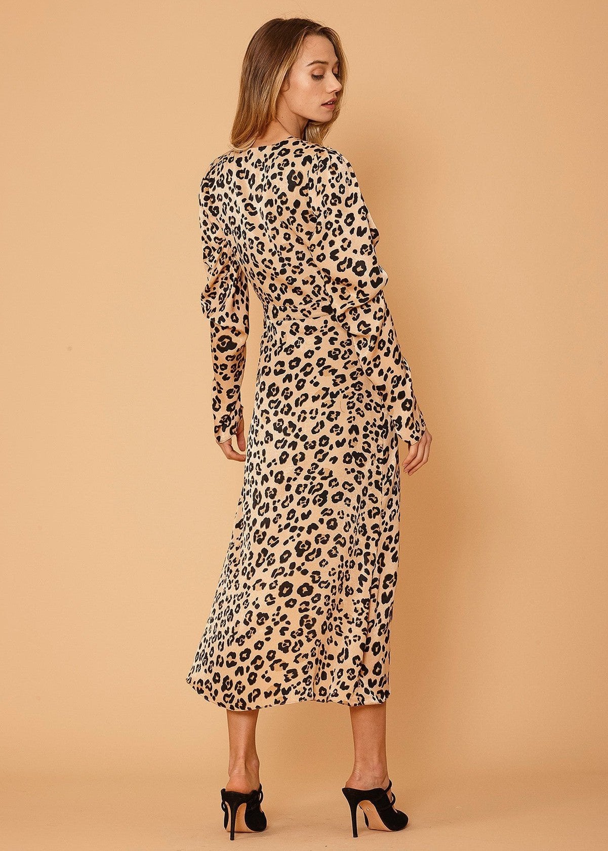 Women's Print Puffy Shoulder Dress in Brown Leopard by Shop at Konus