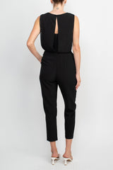 Taylor V-Neck Sleeveless Embellished Keyhole  Zipper Back Solid Crepe Jumpsuit by Curated Brands