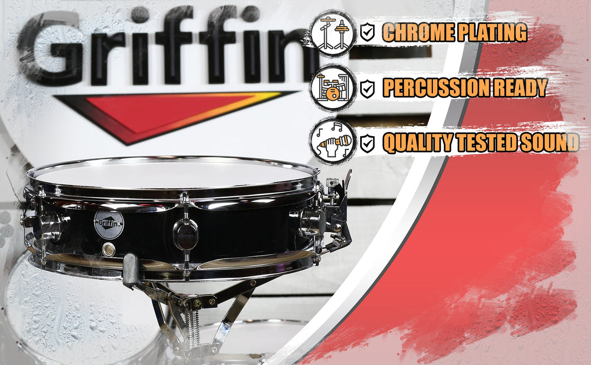 Piccolo Snare Drum 13" x 3.5" by GRIFFIN - 100% Poplar Wood Shell with Black PVC & White Coated Drum Head - Drummers Acoustic Marching Kit Percussion by GeekStands.com