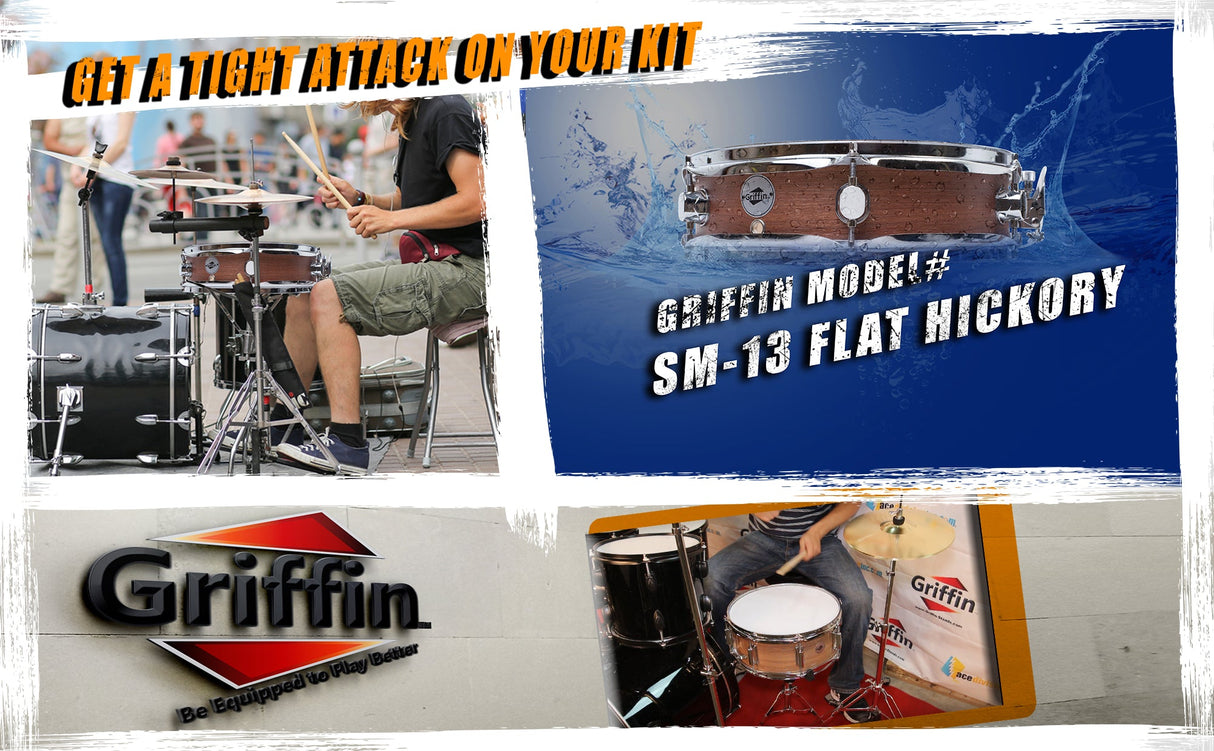 Piccolo Snare Drum 13" x 3.5" by GRIFFIN - 100% Poplar Wood Shell Hickory Finish & Coated Drum Head by GeekStands.com