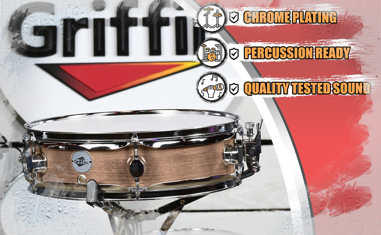 Piccolo Snare Drum 13" x 3.5" by GRIFFIN - 100% Poplar Shell with Oak Wood Finish & Coated Drum Head by GeekStands.com